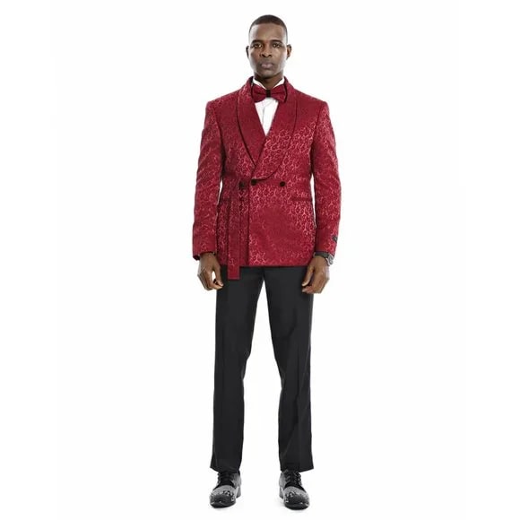 Knot Side Textured Paisley 2pc Tuxedo, Burgundy - 38 Short Jacket+32 Waist Adjustable 28to34)(Height: 5 4 to5 7 )(Neck 15-16.5)S-M)
