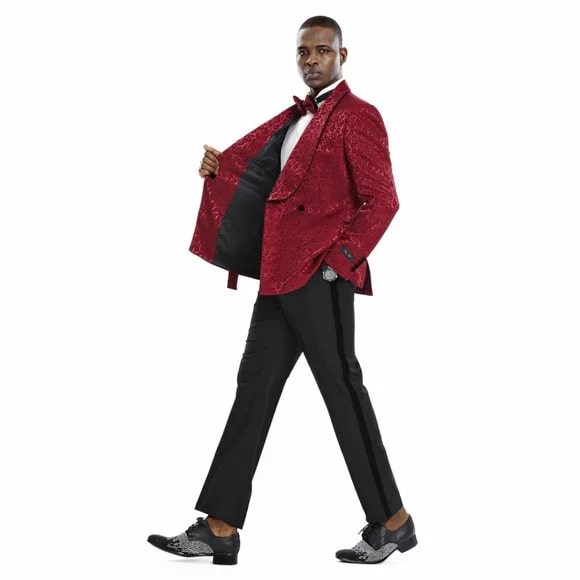 Knot Side Textured Paisley 2pc Tuxedo, Burgundy - 38 Short Jacket+32 Waist Adjustable 28to34)(Height: 5 4 to5 7 )(Neck 15-16.5)S-M)
