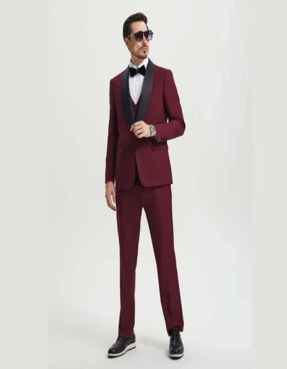Stacy Adams 3pc Tuxedo Shawl Lapel, Burgundy Red - 38 Short Jacket+32 Waist Adjustable 28to34)(Height: 5 4 to5 7 )(Neck 15-16.5)S-M)