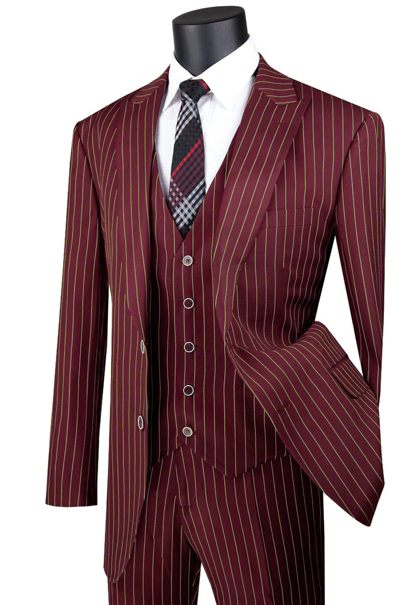 Mens Vested Gangster Pinstripe 1920's Vintage Suit in Burgundy with Gold Pinstripes
