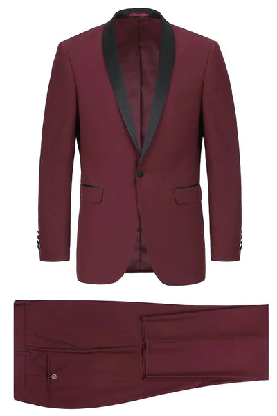 Mens 1 Button Shawl Lapel Wedding | Prom 2026 Tuxedo in Burgundy Burgundy Prom 2026 Suits