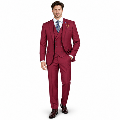 3-Piece Regular Fit Glen Plaid Suit with Notch Vest - Burgundy