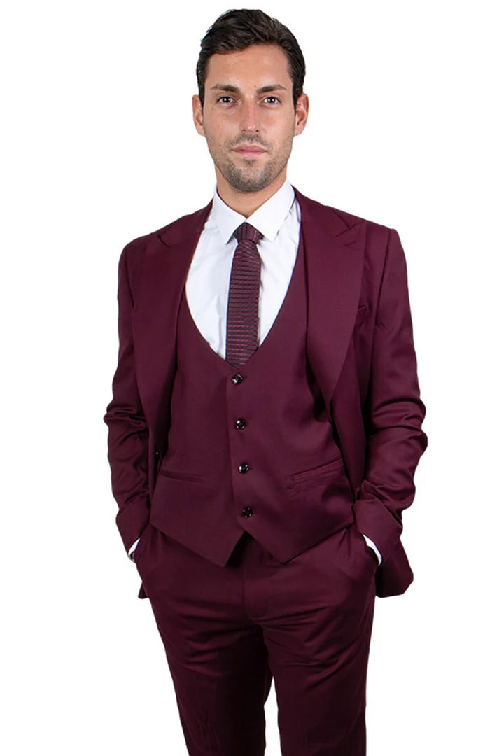 Cheap priced Suit - Men's Vested One Button Peak Lapel Stacy Adams Burgundy Suit - 38 Short Jacket+32 Waist Adjustable 28to34)(Height: 5 4 to5 7 )(Neck 15-16.5)S-M)
