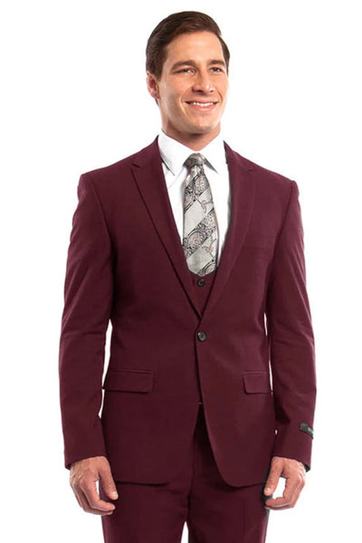 Cheap Priced Suit- Men's One Button Peak Lapel Skinny Wedding & Prom 2026 Burgundy Suit With Lowcut Vest Burgundy Prom 2026 Suits