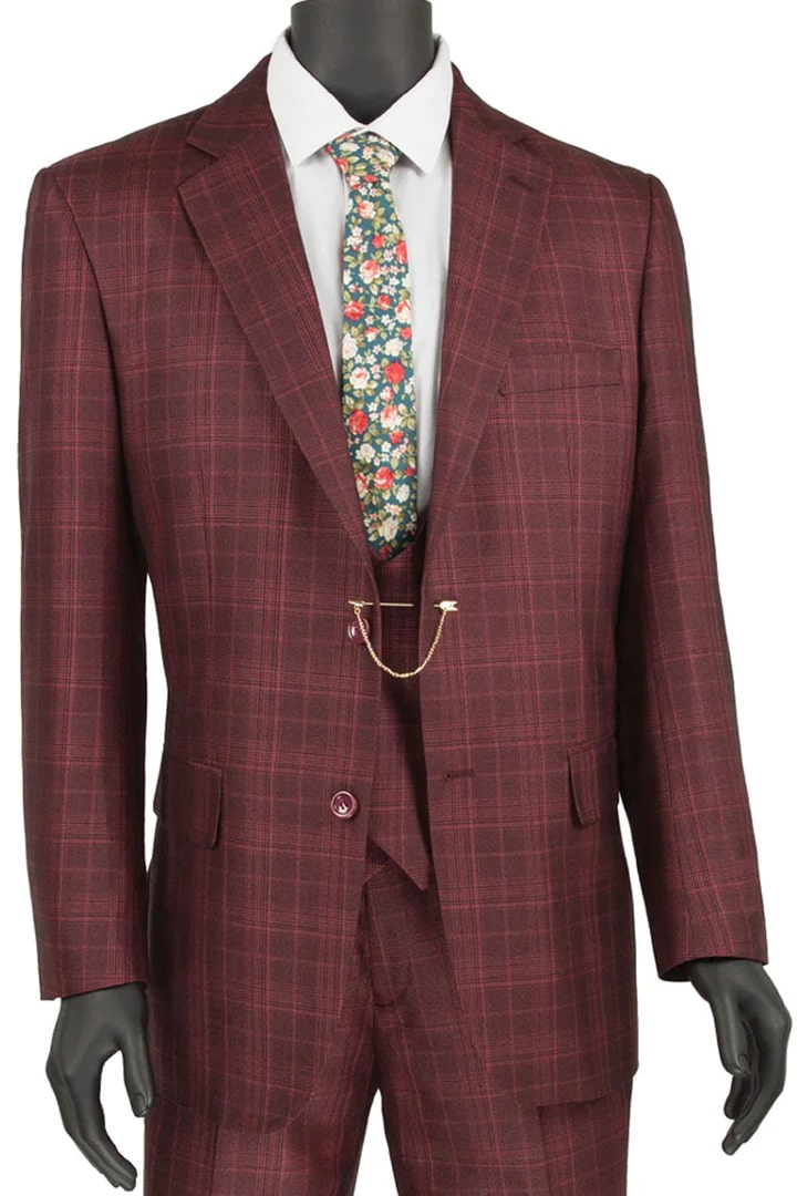 Cheap Suit - Mens 2 Button Vested Peak Lapel Plaid Windowpane Burgundy Suit - 38 Short Jacket+32 Waist Adjustable 28to34)(Height: 5 4 to5 7 )(Neck 15-16.5)S-M)