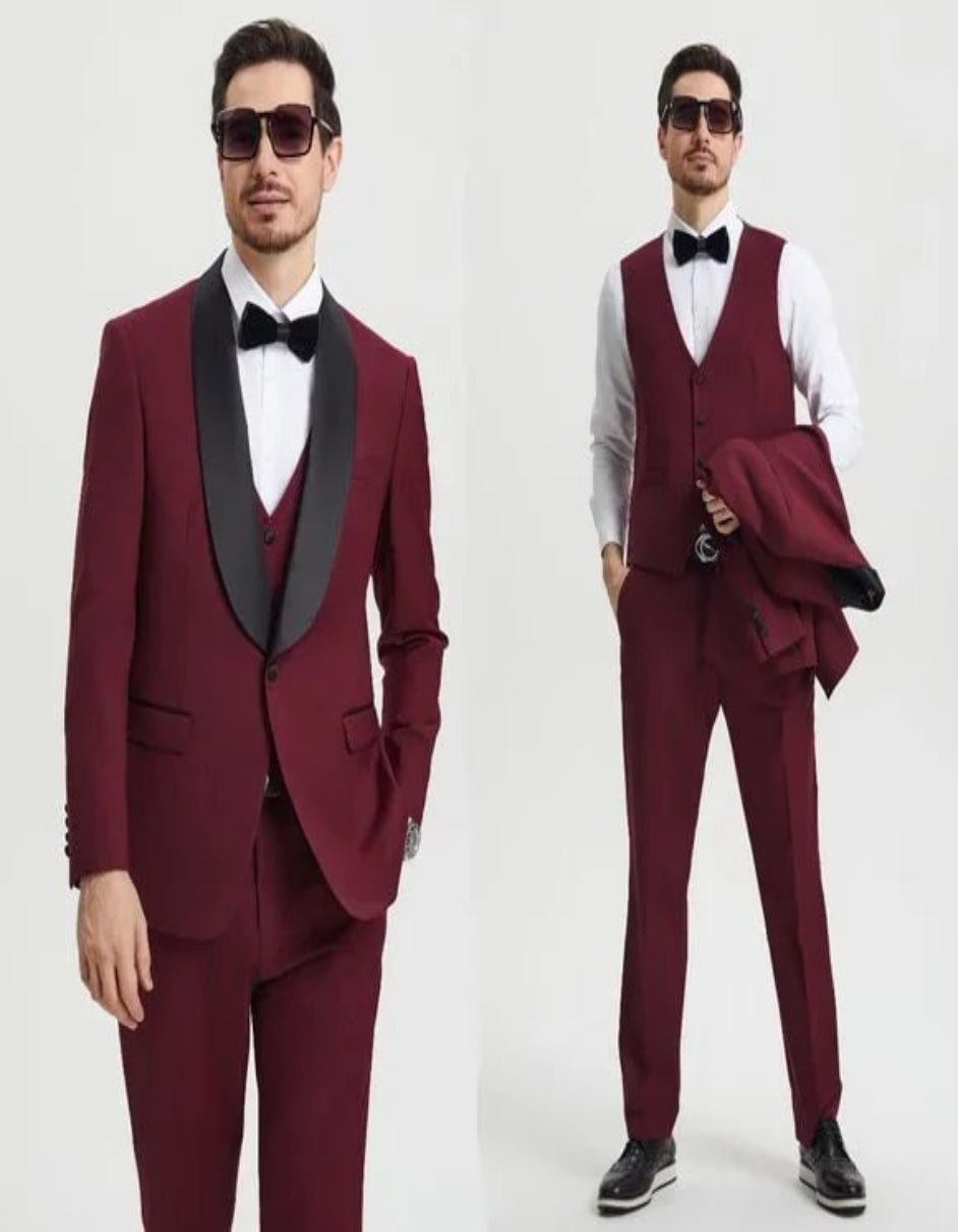 Stacy Adams 3pc Tuxedo Shawl Lapel, Burgundy Red - 38 Short Jacket+32 Waist Adjustable 28to34)(Height: 5 4 to5 7 )(Neck 15-16.5)S-M)