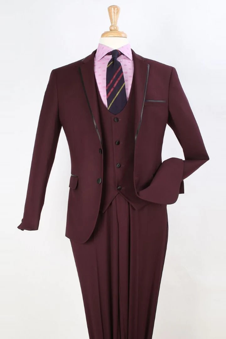 Cheap Priced Suit - Mens Two Button Slim Fit Vested Prom 2026 Tuxedo Burgundy Suit With Trim