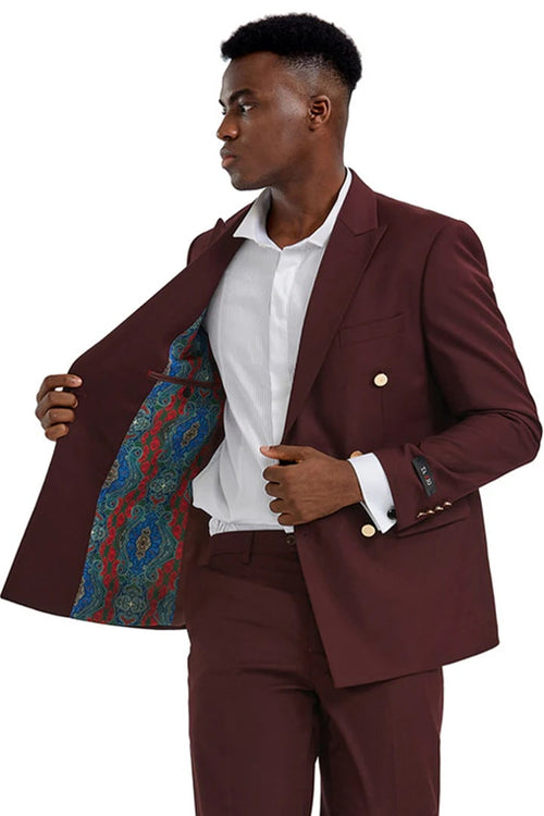 Cheap priced Suit- Men's Slim Fit Double Breasted Wedding Burgundy Suit With Gold Buttons