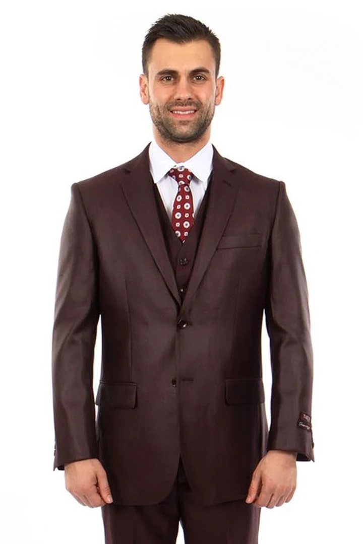 Cheap Priced Suit - Men's Two Button Vested Textured Sharkskin Business Burgundy Suit