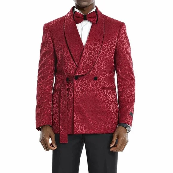 Knot Side Textured Paisley 2pc Tuxedo, Burgundy - 38 Short Jacket+32 Waist Adjustable 28to34)(Height: 5 4 to5 7 )(Neck 15-16.5)S-M)