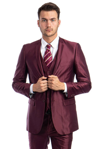 Cheap Priced Suit - Men's Two Button Vested Shiny Sharkskin Wedding & Prom Fashion Burgundy Suit Burgundy Prom Suits Burgundy Prom Suits