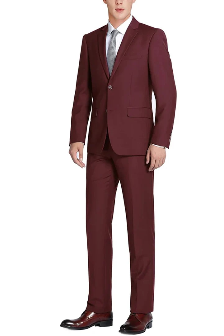 Cheap Priced Suit - Mens Basic Two Button Slim Fit Burgundy Suit With Optional Vest