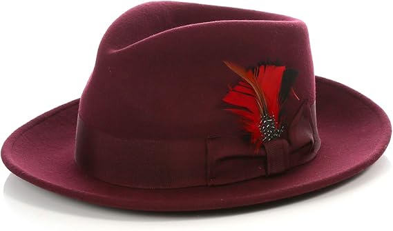 Gangster 100% Austrailian Wool Crushable Mens Fedora Hat - Removable Feather Gangster Burgundy Mens Fedora Hat - Small