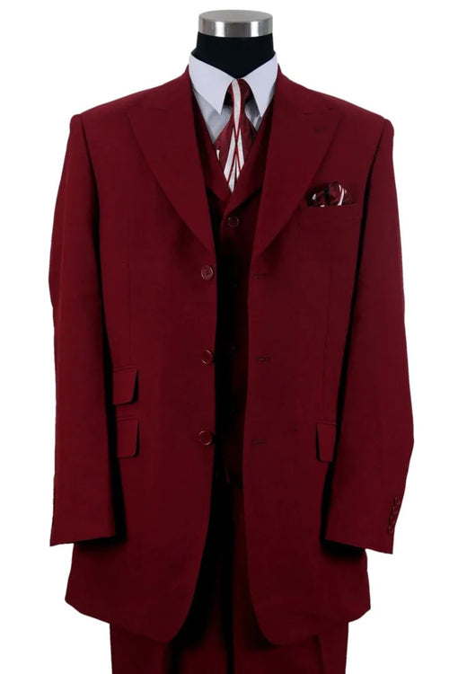 Cheap Priced Suit - Mens 3 Button Vested Wide Peak Lapel Fashion Burgundy Suit