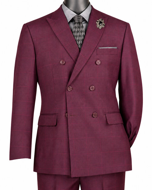 2-Piece Double Breasted Glen Plaid Regular Fit Suit - Burgundy