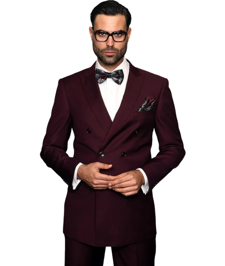 Burgundy classic fit statement men's suit double breasted pleated pants - 38 Short Jacket+32 Waist Adjustable 28to34)(Height: 5 4 to5 7 )(Neck 15-16.5)S-M)