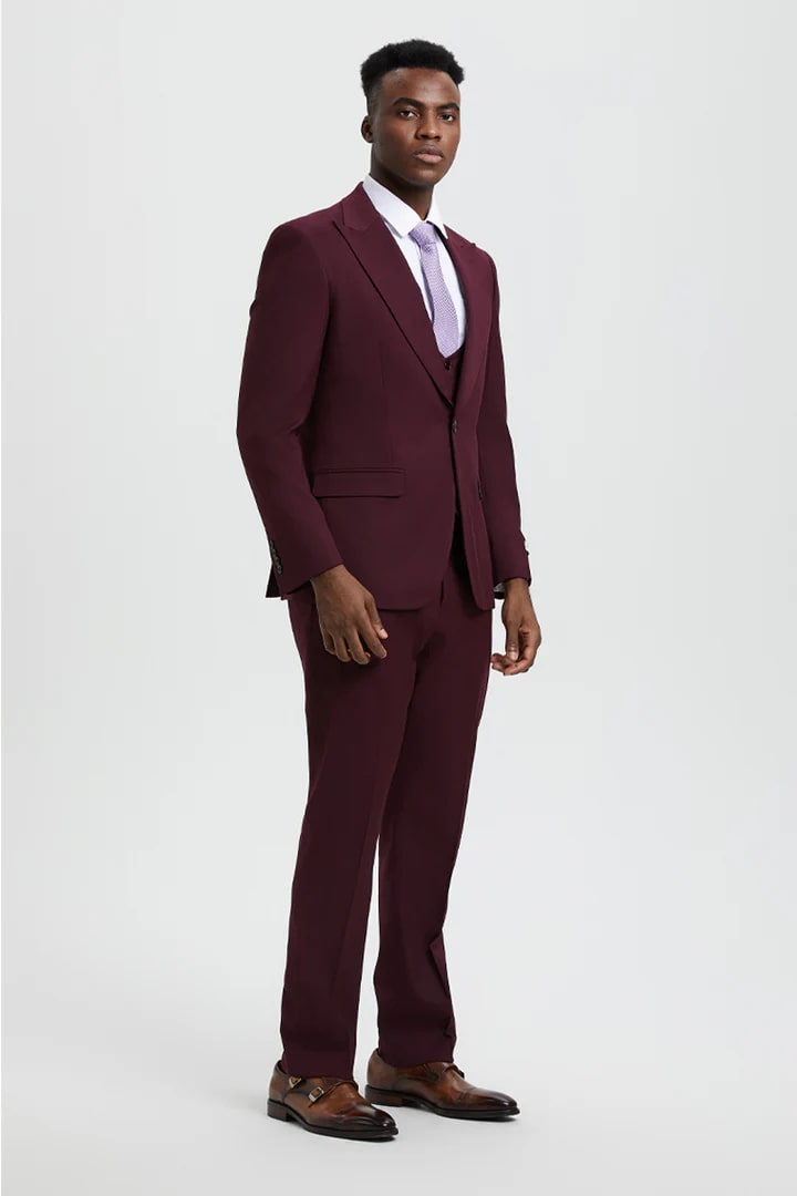 Cheap priced Suit - Men's Vested One Button Peak Lapel Stacy Adams Designer Burgundy Suit - 38 Short Jacket+32 Waist Adjustable 28to34)(Height: 5 4 to5 7 )(Neck 15-16.5)S-M)