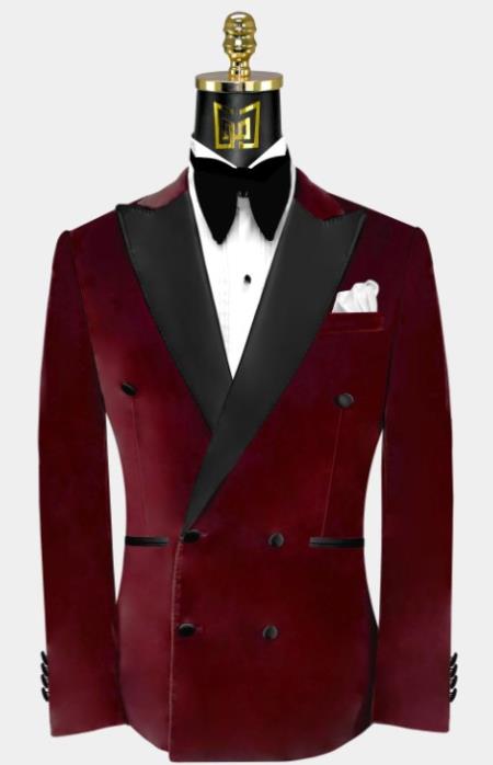 Double Breasted Tuxedo - Velvet Tuxedo Dinner Jacket In Black - Navy - Emerald Green - Burgundy - 38 Short Jacket+32 Waist Adjustable 28to34)(Height: 5 4 to5 7 )(Neck 15-16.5)S-M)