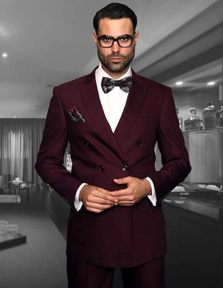 Burgundy classic fit statement men's suit double breasted pleated pants - 38 Short Jacket+32 Waist Adjustable 28to34)(Height: 5 4 to5 7 )(Neck 15-16.5)S-M)