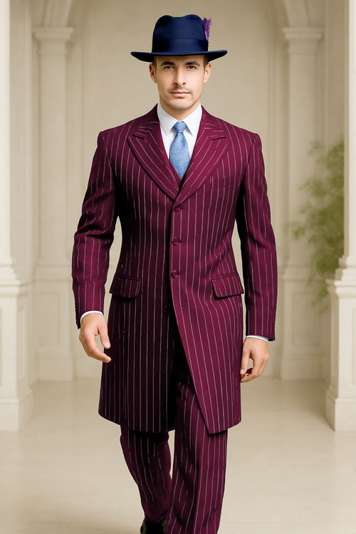 Mens Burgundy Pinstripe Suit Classic Long Coat Style with White Stripes