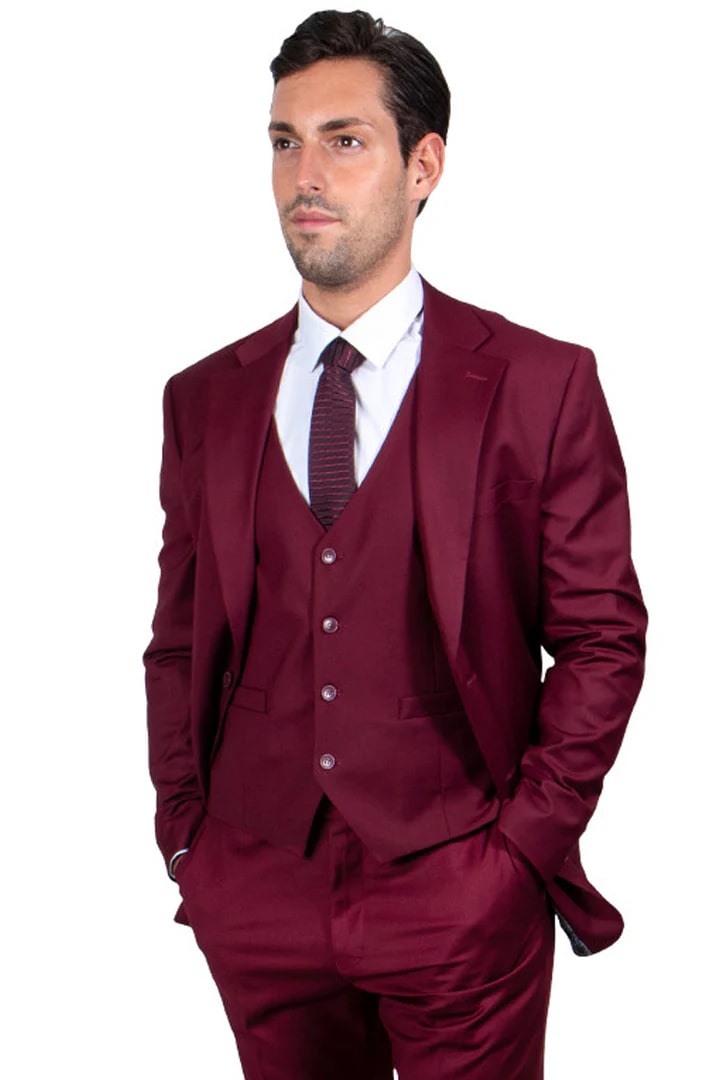 Cheap priced Suit - Men's Two Button Vested Stacy Adams Basic Burgundy Suit - 38 Short Jacket+32 Waist Adjustable 28to34)(Height: 5 4 to5 7 )(Neck 15-16.5)S-M)