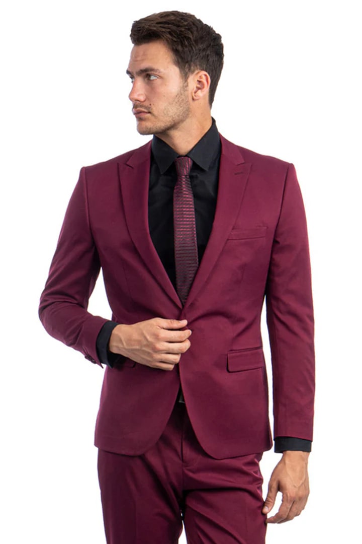 Cheap Priced Suit - Men's One Button Peak Lapel Basic Slim Fit Burgundy Suit