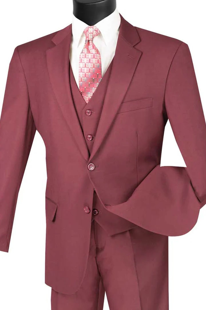 Cheap Priced Suit - Mens Basic 2 Button Vested Burgundy Suit