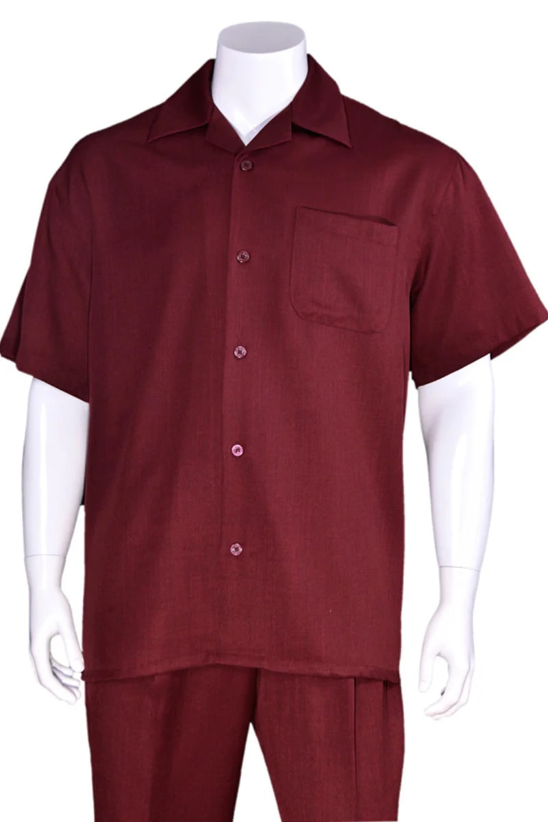 Men's Short Sleeve Casual Summer Walking Suit Solid Burgundy S