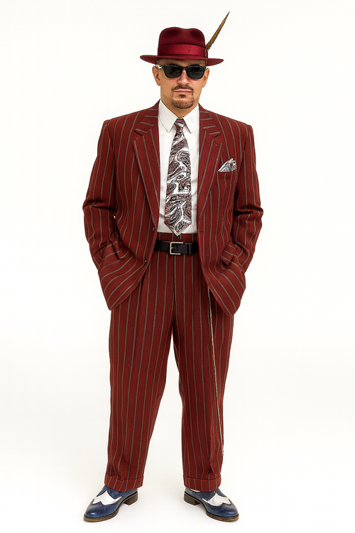 Burgundy Pinstripe Zoot Suit 3 Piece 1920s/1930s Gangster Outfit (Jacket and Pants and Vest) Vintage Fashion