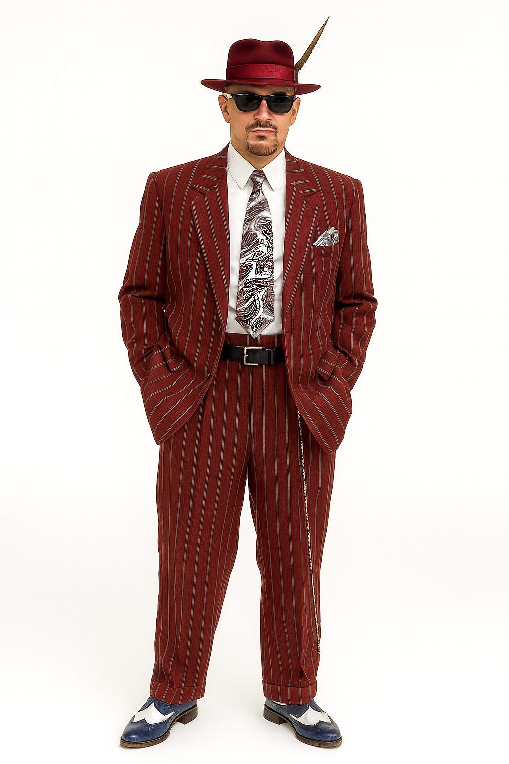 Burgundy Pinstripe Zoot Suit – 3 Piece 1920s/1930s Gangster Outfit (Jacket and Pants and Vest) Vintage Fashion - 34 Short or Extra Small