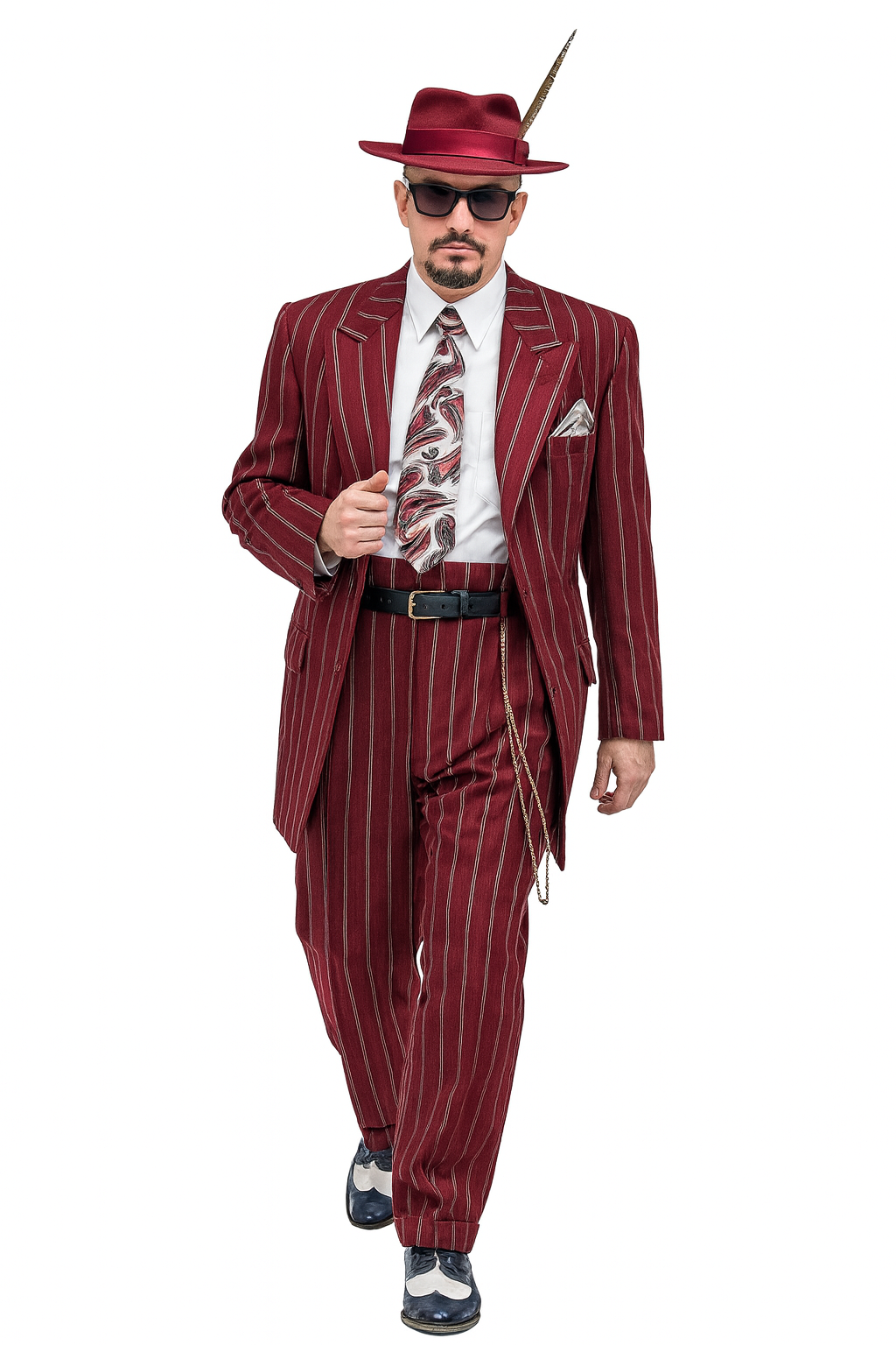 Burgundy Pinstripe Zoot Suit – 3 Piece 1920s/1930s Gangster Outfit (Jacket and Pants and Vest) Vintage Fashion - 34 Short or Extra Small