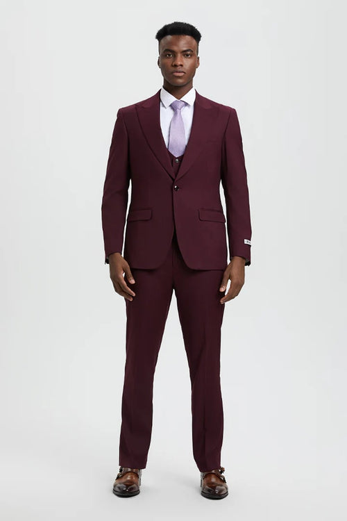 Cheap priced Suit - Men's Vested One Button Peak Lapel Stacy Adams Designer Burgundy Suit