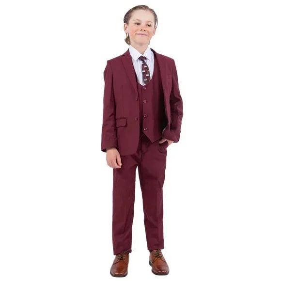 Exclusive Stacy Adams 5pc Boys Suit Solid Slim Fit, Burgundy - Boy Size : 4 (Weight 38 to 49)