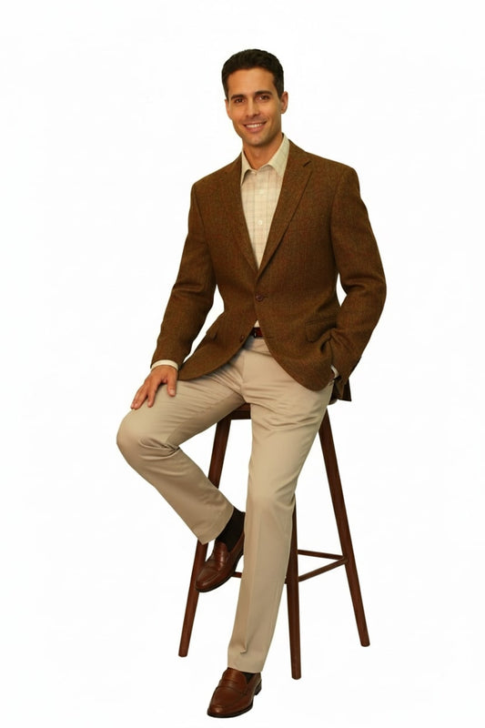 Mens Burnt Orange Harris Tweed Blazer – Classic Wool Check Pattern Formal and Casual Jacket in Brown Rustish Copper Color