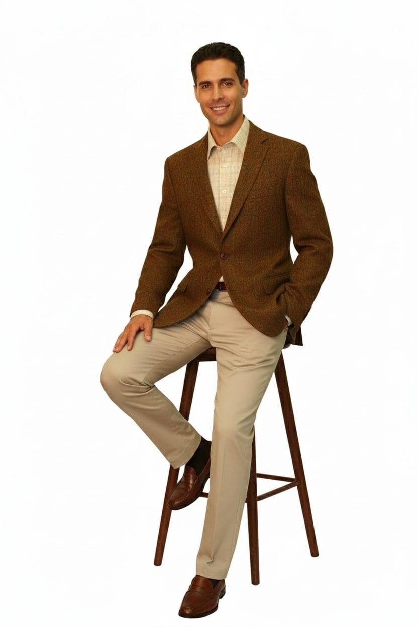 Mens Burnt Orange Harris Tweed Blazer – Classic Wool Check Pattern Formal and Casual Jacket in Brown Rustish Copper Color - 36 Short