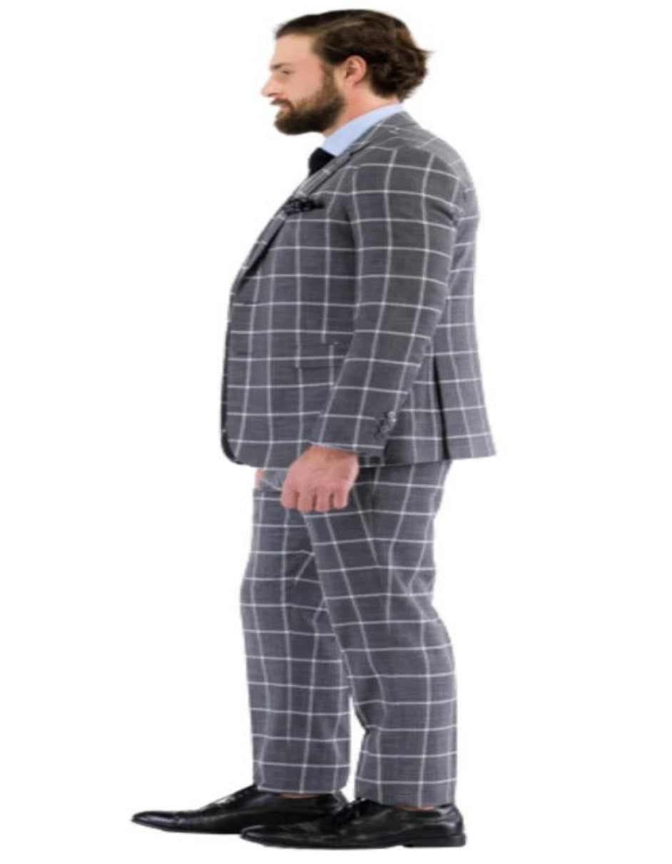 Mens Plaid Suit - Windowpane Pattern With Vest - Business Suit Grey - Coat Size 38