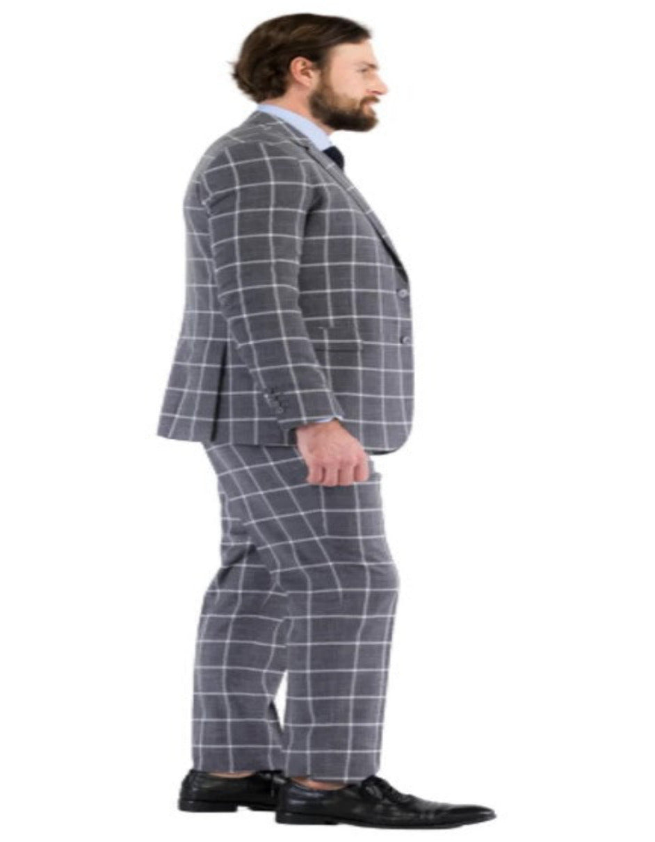 Mens Plaid Suit - Windowpane Pattern With Vest - Business Suit Grey - Coat Size 38