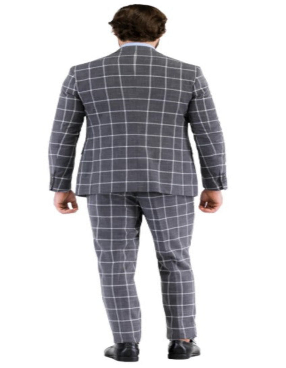 Mens Plaid Suit - Windowpane Pattern With Vest - Business Suit Grey - Coat Size 38