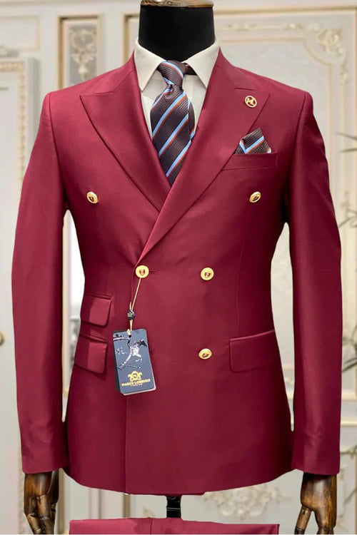 Best Mens Designer Modern Fit Double Breasted Wool Suit with Gold Buttons in Light Burgundy - For Men Fashion Perfect For Wedding or Prom 2026 or Business or Church