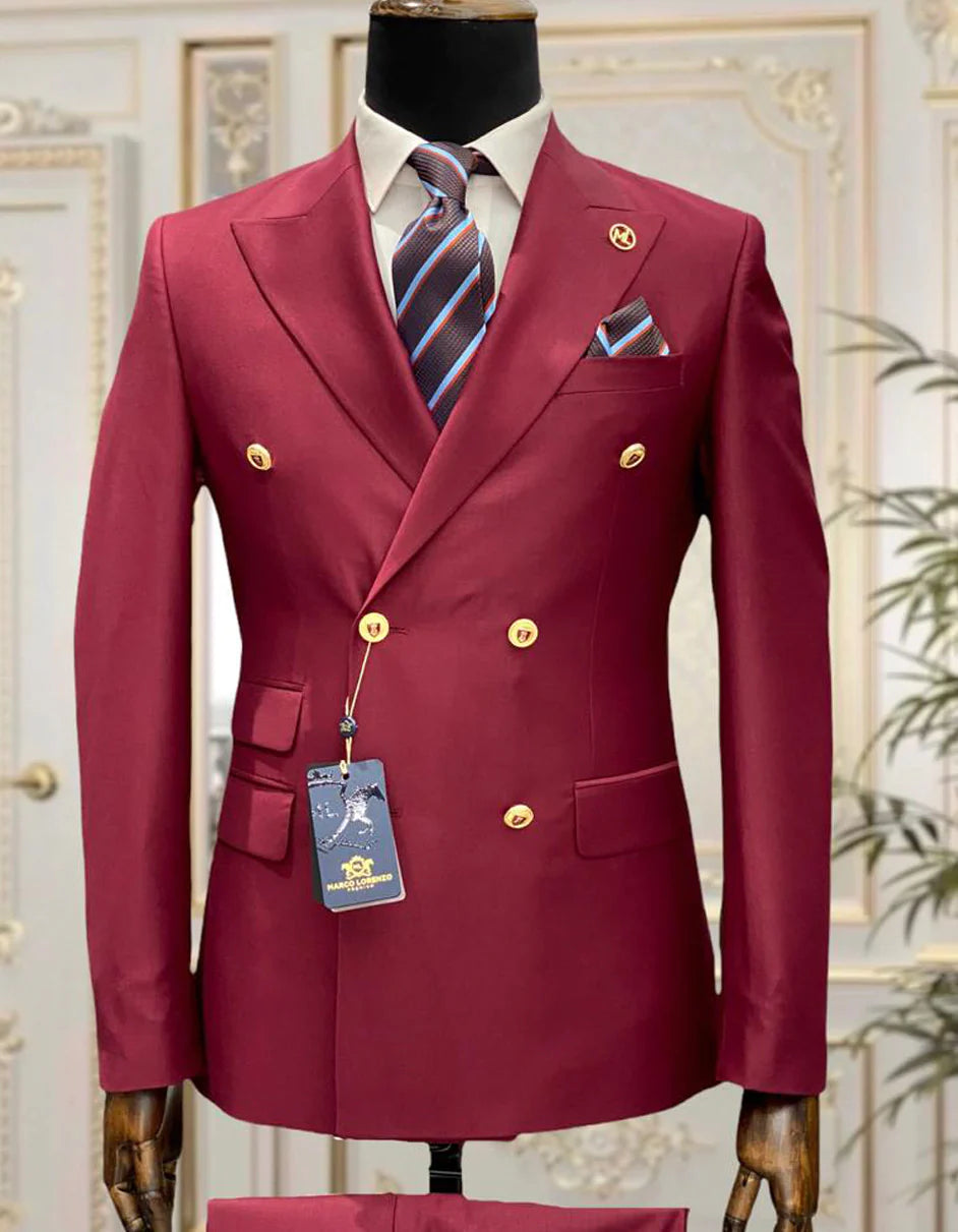 Mens Double breasted Suit - "Burgundy" 1920s 1980s Style Peak Lapel Suits - Back Side Vented Mens Designer Modern Fit Double Breasted Wool Feel - Designer Brand Gold Buttons in Light Burgundy - 36 Regular
