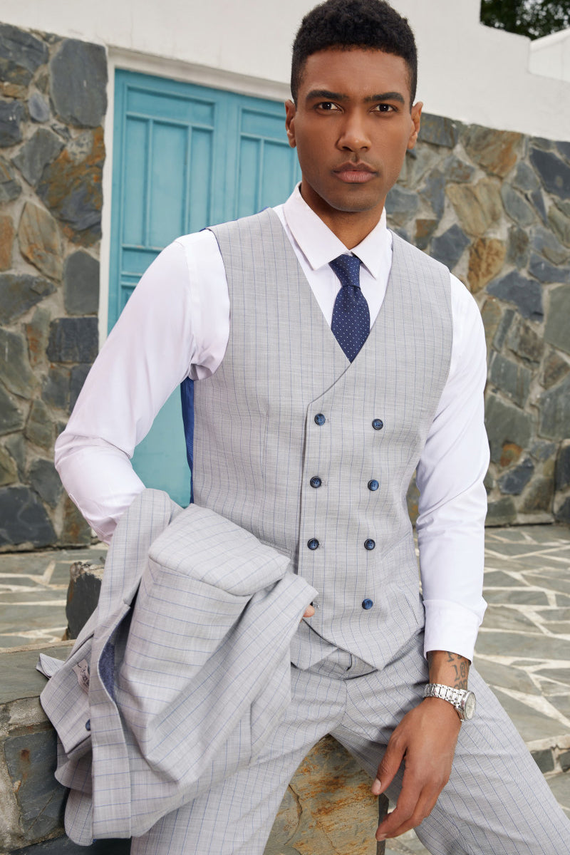"Mens Stacy Adams Suit - Stacy Adams Suit Men's Designer Suit - Vested One Button Peak Lapel in Light Grey Pinstripe" - 34 Short