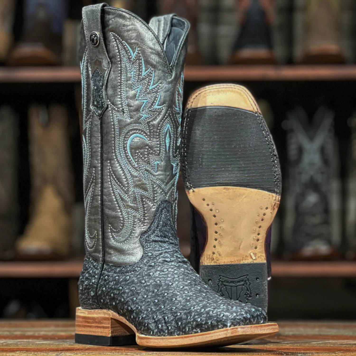Tanner Mark Women's Full Quill Ostrich Square Toe Boots Blue Denim TMLX20107 - 5
