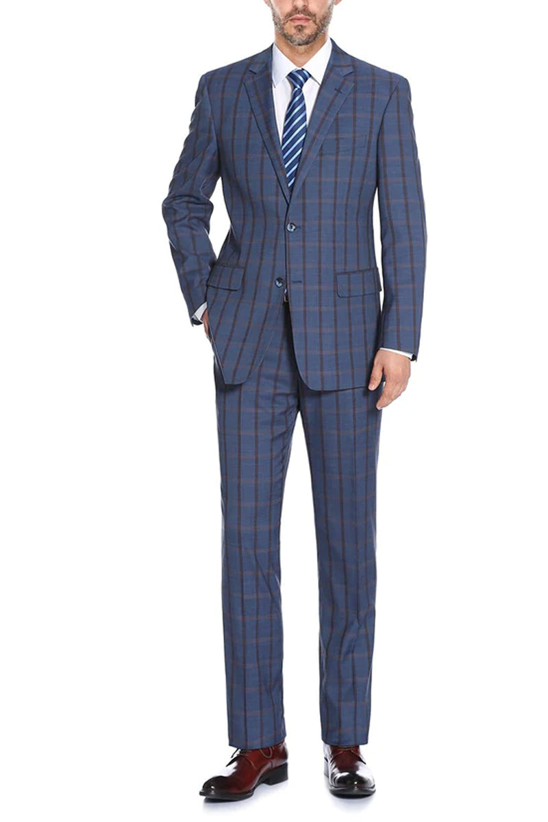 "Blue Windowpane Plaid Classic Fit Men's Suit - Two Button Stretch"