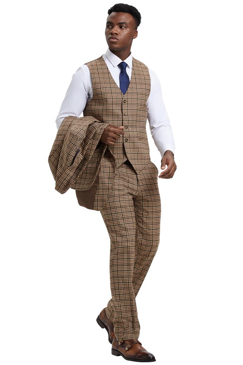 Men's Stacy Adams Vested Modern Fit Houndstooth Glen Plaid Suit in Camel & Green - 38 Regular