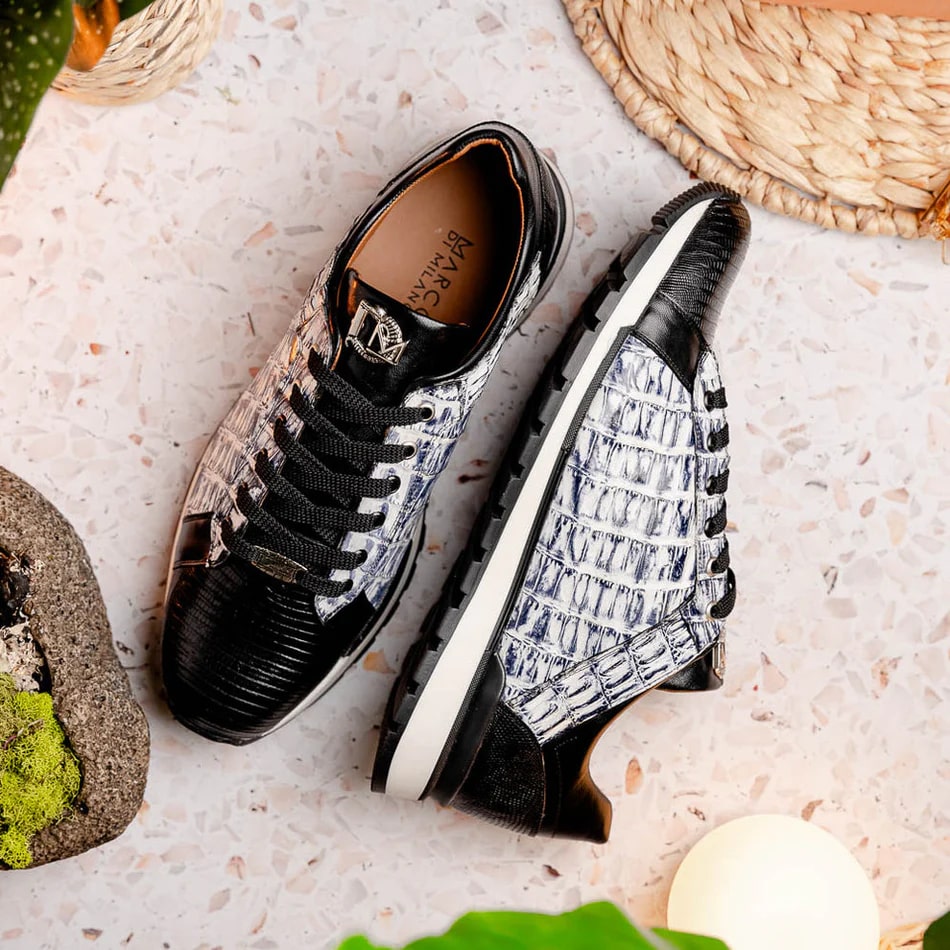 Marco Di Milano Portici Men's Shoes Newspaper & Black Exotic Lizard / Crocodile Casual Sneakers - 8.5