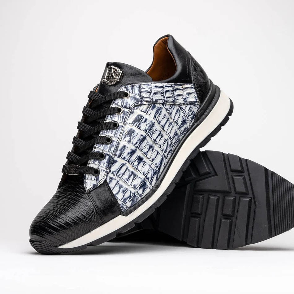 Marco Di Milano Portici Men's Shoes Newspaper & Black Exotic Lizard / Crocodile Casual Sneakers - 8.5