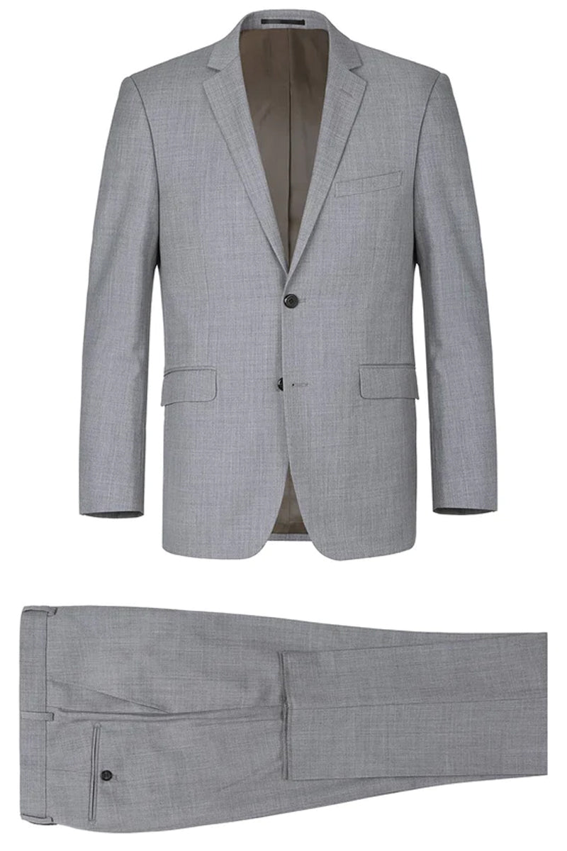 "Light Grey Slim Fit Wool Suit for Men - Basic Two Button with Optional Vest"