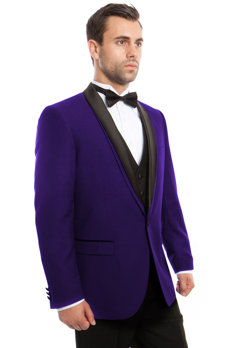 "Men's Purple Tuxedo with Satin Shawl Lapel & One Button Vest"
