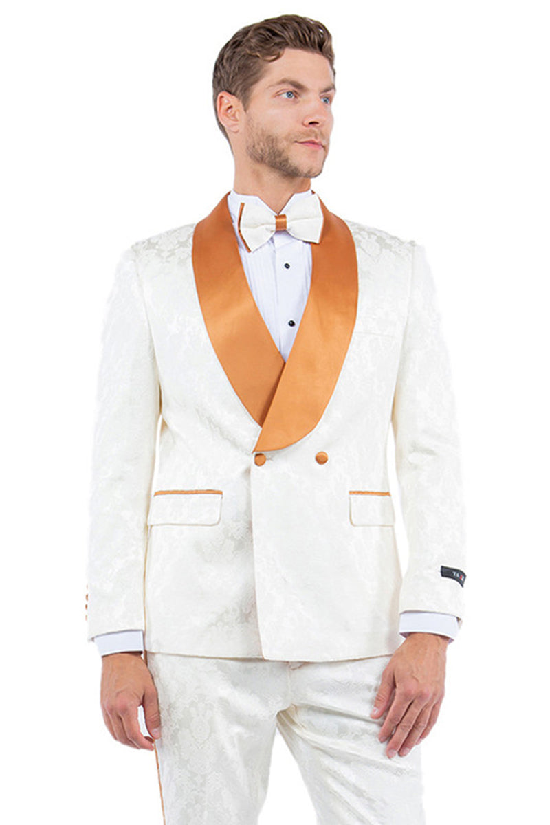 Paisley Smoking Jacket Tuxedo - Men's Slim Fit Double Breasted for Prom & Wedding, Ivory & Golden Rust