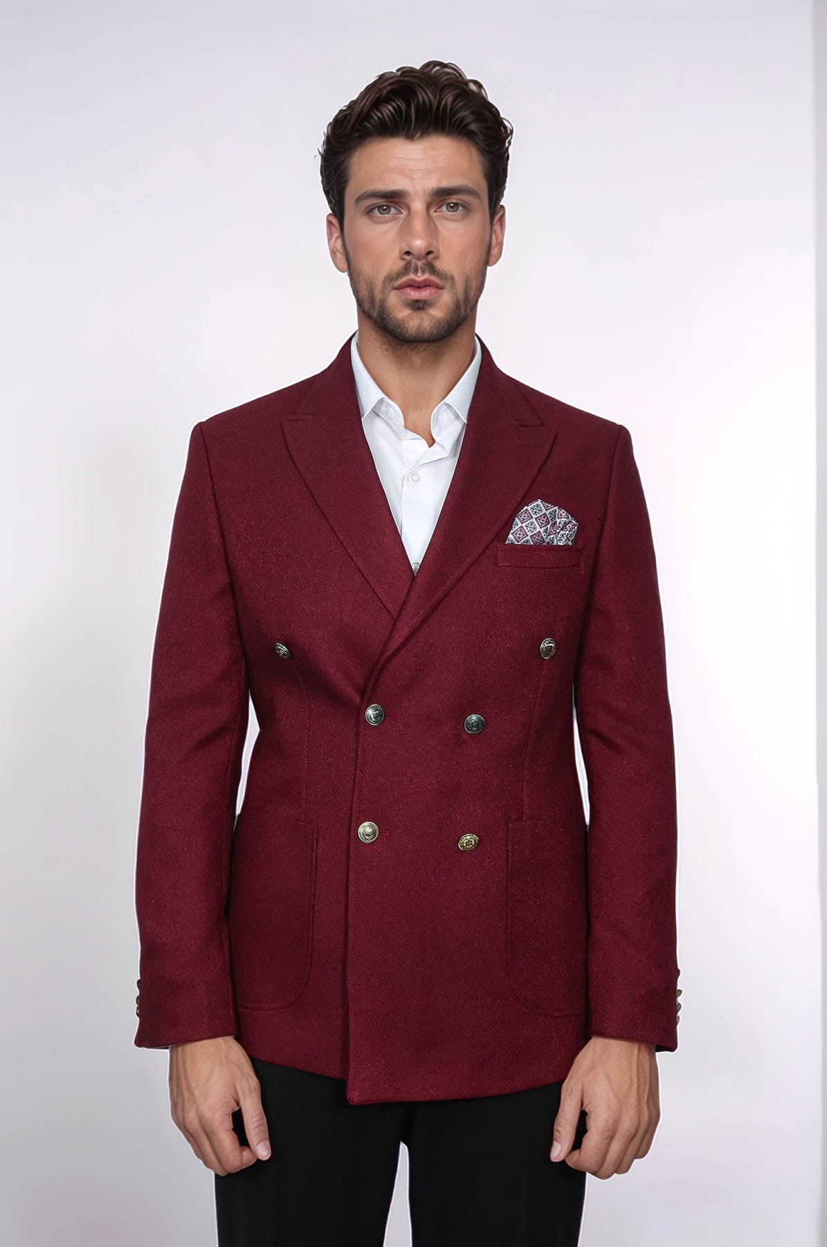 Mens Burgundy Slim Fit Blazer Sharp Double Breasted Design